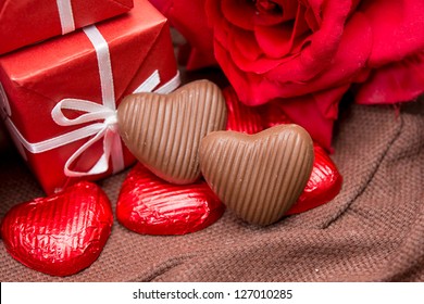 Gift Box, Chocolate And Flowers For Valentine's Day