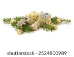 Gift box with Christmas balls, fir branches and serpentine on white background