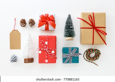 Gift Box Collection And Christmas Decoration On White Background Flat Lay