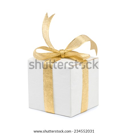 Gift box with golden ribbon bow on white background