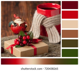 Gift Box. Mug Of Hot Coffee Or Tea. Christmas Decorations. Palette With Complimentary Color Swatches