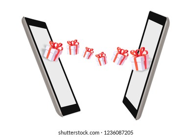 Gift box on computer tablet screen on white background, online happiness concept