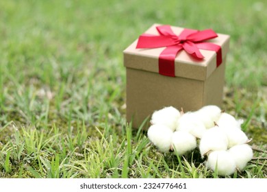 Gift box on green grass background with as a present for Christmas, new year, valentine day or anniversary. - Powered by Shutterstock