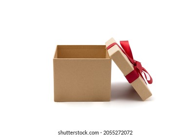 Gift Box Open Lid On Isolated On White Background With Romantic, Presents For Christmas Day Or Valentine Day, Package With Congratulation, Wrapped Paper, Spring For Decoration, Holiday Concept.