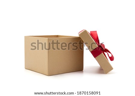 Gift box open lid on isolated on white background, presents for Christmas day or valentine day, package with congratulation, wrapped paper, spring for decoration, copy space, holiday concept.