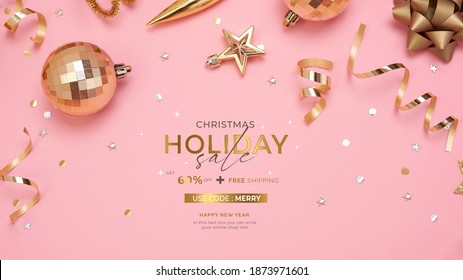 Gift Box With Party Decorations Gold Confetti On Pink Background For Christmas And New Year Concept. Copy Space