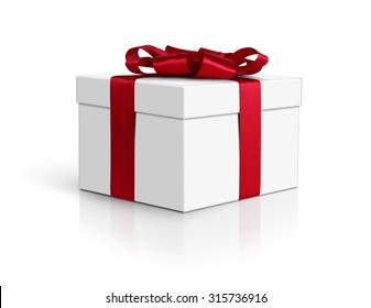 Gift Box, Side View, With Red Ribbon And Bow Isolated On White, Path