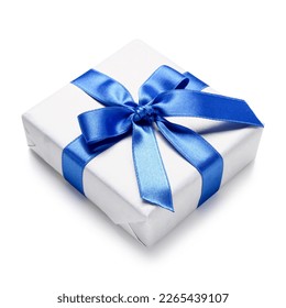 Gift box tied with blue ribbon on white background