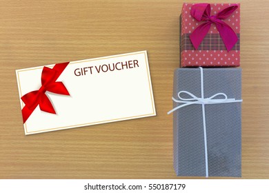 Gift Box With Gift Voucher Top View On Wooden Background,commerce On Winter Holidays Concept