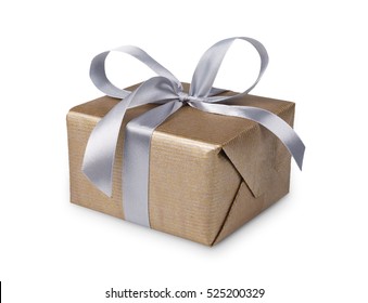 Gift Box Wrapped With Golden Paper And Silver Satin Ribbon, Isolated On White Background. Modern Present For Any Holiday, Christmas, Valentine Or Birthday