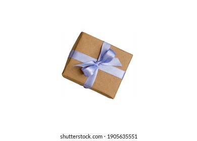 Gift Box Wrapped With Kraft Brown Paper And Tied With Satin Light Purple Ribbon Isolated On White