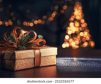 A gift box wrapped on a wooden table against the background of a beautiful Christmas tree, Blured light of Christmas tree. Merry Christmas and Happy New Year greeting concept - Powered by Shutterstock