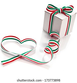 Gift Box Wrapped Ribbon Tape Shape Heart Valentine's Day Concept Isolated On White Background 