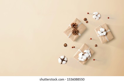 Gift Boxes With Autumn Theme - Overhead View Flat Lay