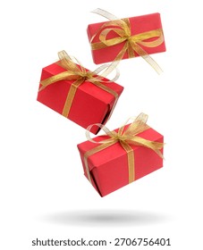 Gift boxes falling on white background. Present