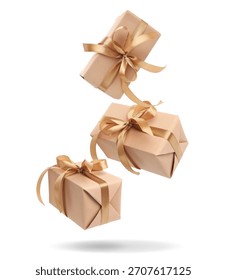 Gift boxes falling on white background. Present
