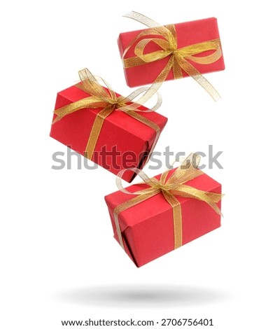 Gift boxes falling on white background. Present