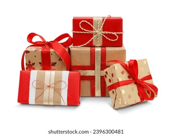 Gift boxes with the red ribbons in eco paper isolated on the white background - Powered by Shutterstock