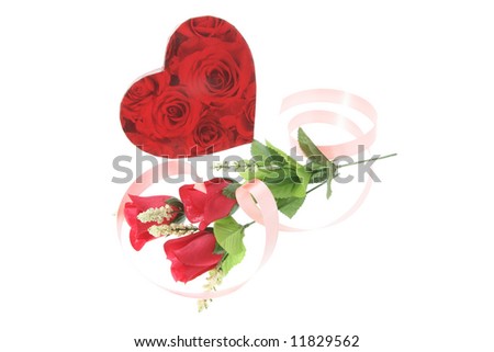 Gift Boxes and Red Roses on White Background