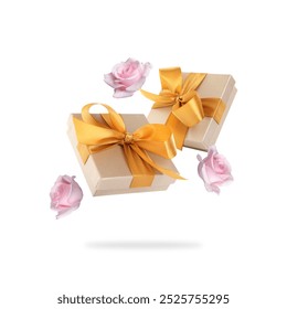 Gift boxes and roses in air on white background - Powered by Shutterstock