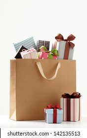 Gift Boxes With Shopping Bag. Group Of Presents. White Background.