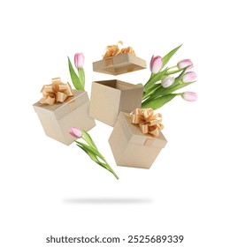 Gift boxes and tulips in air on white background - Powered by Shutterstock