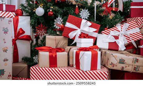 Gift boxes under a contemporary Christmas tree in a home, adorned with holiday Xmas ornaments, create a festive atmosphere for New Year decor. - Powered by Shutterstock