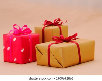 Gift boxs or present wrapped in craft paper. Holiday present. 