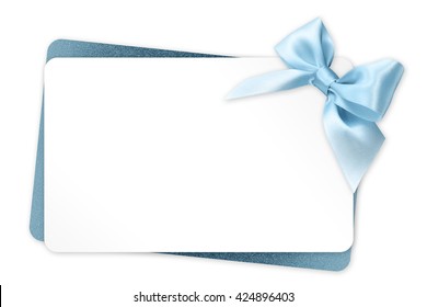 Gift Card With Blue Ribbon Bow Isolated On White Background