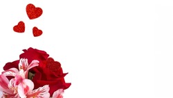 Gift Card For Celebrations. Red Hearts, Red Roses And Pink Flowers On A White Background With Copy Space