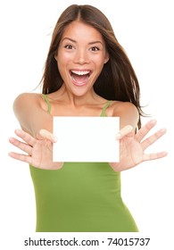 Gift Card. Excited Woman Showing Empty Blank Paper Card Sign With Copy Space For Text. Gorgeous Multi Ethnic Chinese Asian / White Caucasian Female Model Isolated On White Background.