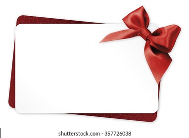 Gift Card With Red Ribbon Bow Isolated On White Background