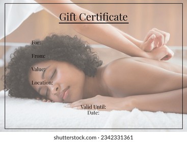 Gift certificate text with blank space for details in black over biracial woman having massage. Beauty spa, massage gift voucher certificate template concept digitally generated image. - Powered by Shutterstock