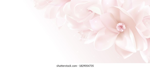Gift certificate, Voucher template with realistic pink magnolia flower bouquet. Vector romantic floral background for wedding invite design, beautiful holiday invitation card, gathering or coupon - Powered by Shutterstock