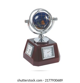 Gift Desk Set With A Globe And Clock. Souvenir Kit Brown Wooden Clock Globe Isolated On White.