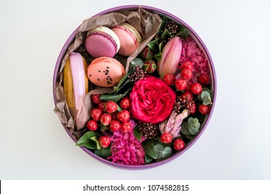 Gift Flowers Composition In Round Box With Cake Macaroons And Roses On White Background Isolated, Daylight. Top View, Flat Lay.