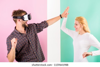 Gift Ideas For Men. Man VR Glasses Enjoy Video Game. Best Gift Ever. Man Enjoy Virtual Reality. Girl Happy He Like Her Gift. Make Him Happy Gift Him Virtual Reality Glasses And Let Play Games All Day.