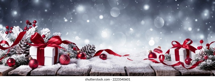 Gift On Snow In Winter White Background - Presents With Fir Branches And Red Ornaments - Powered by Shutterstock