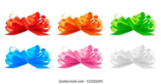 Gift Ribbon Bow Set Isolated, Side View, Set Of Six Colors