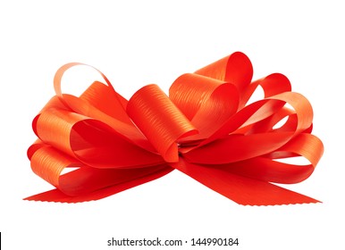 Gift Ribbon Glossy Red Bow Isolated Over White Background, Side View