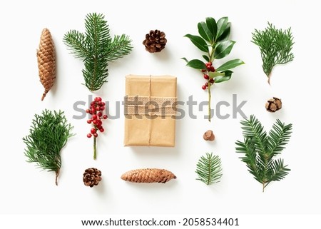 Gift with various conifers and cones on white backround. Flat lay Christmas composition with winter natural decoration.