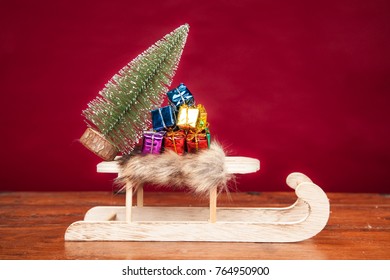 Gifts And Christmas Tree On The Sleigh, Front View