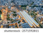 Gifu City, Japan at Gifu Station from above at twilight.