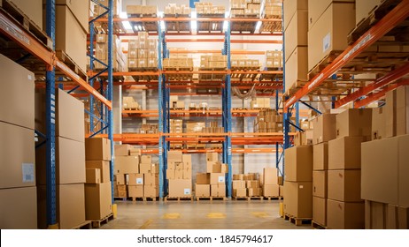 Gigantic Sunny Retail Warehouse Full Of Shelves With Goods In Cardboard Boxes. Logistics And Distribution Storehouse Center For Further Product Delivery Packages. Front Camera View