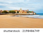 Gijon beach aerial view in the centre of Gijon city in Asturias, Spain