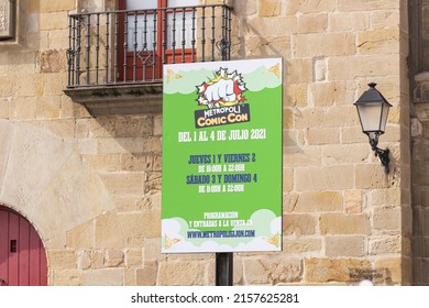 GIJON, SPAIN - Dec 04, 2021: Gijon, Spain, July 03, 2021: Poster Advertising The Comic Con In Front Of The Facade Of The Building Where The Popular Event Is Held