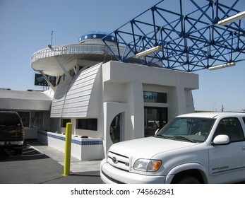 Gila Bend, Arizona USA - March 7, 2012: Office Of The Space Travel Themed Space Age Lodge Motel Reflects The 1960s Futuristic Modern Style Of The Hotel.