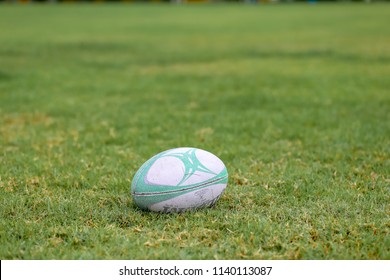 Gilbert Rugby Ball, Vajilavudh College, Bangkok, Thailand - June 2018 : Rugby Ball On Field Ready For Kick Off