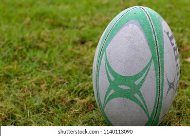 Gilbert Rugby Ball, Vajilavudh College, Bangkok, Thailand - June 2018 : Rugby Ball On Field Ready For Kick Off