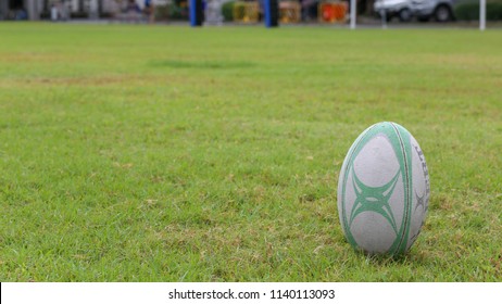 Gilbert Rugby Ball, Vajilavudh College, Bangkok, Thailand - June 2018 : Rugby Ball On Field Ready For Kick Off Use For Abstract Background